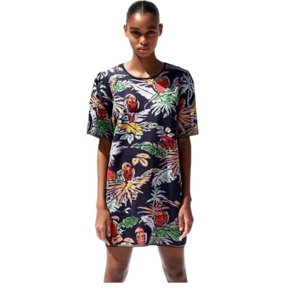 Zara Multicolor Parrot Sequin Tropical Print Dress